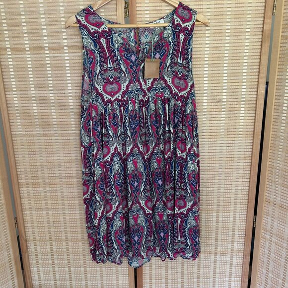 Boho Paisley Print Sleeveless Maxi Dress With Tiered Skirt In Pink & Blue - Picture 1 of 6